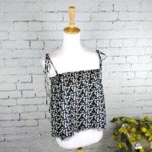 Elan Floral Print Tie Strap Raw Hem Top In Navy  Size Small